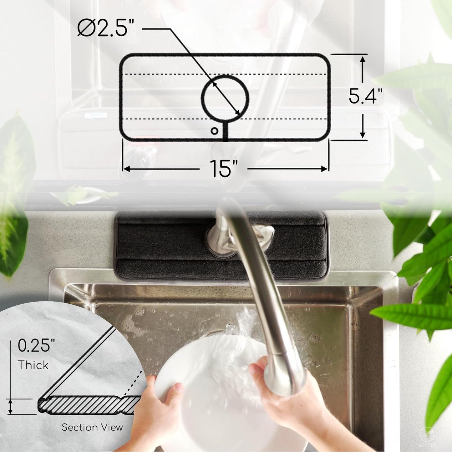 The Original Ternal Sinkmat Drip Catcher & Splash Guard, Faucet Mat for Sinks – Absorbent Microfiber, Machine Washable Counter Protector & Drying Mat for Kitchen, Bathroom or RV [Black, 15in, 1 Pack]