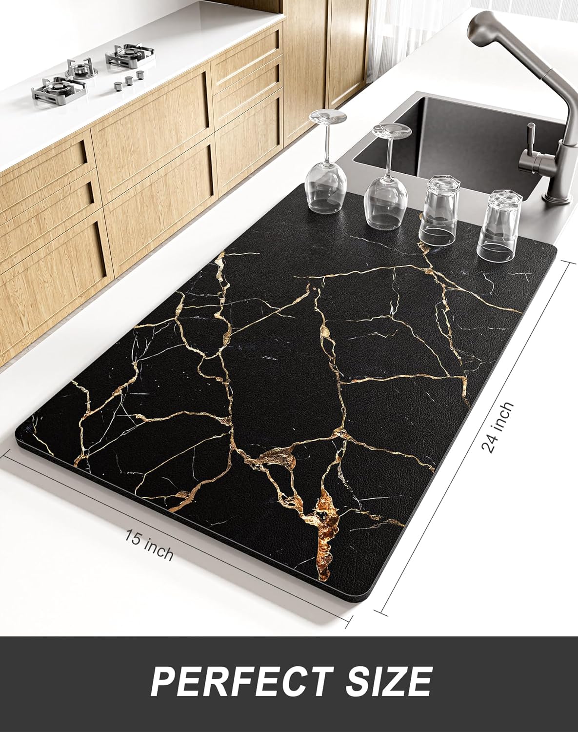 Rnivvi Dish Drying Mat for Kitchen Counter, XL 15 x 24" Cute Marble Absorbent Draining Pad, Non-Slip Heat Resistant Coffee Bar Mats for Coffee Machine Station Accessories, Black Gold Dish Rack Pad