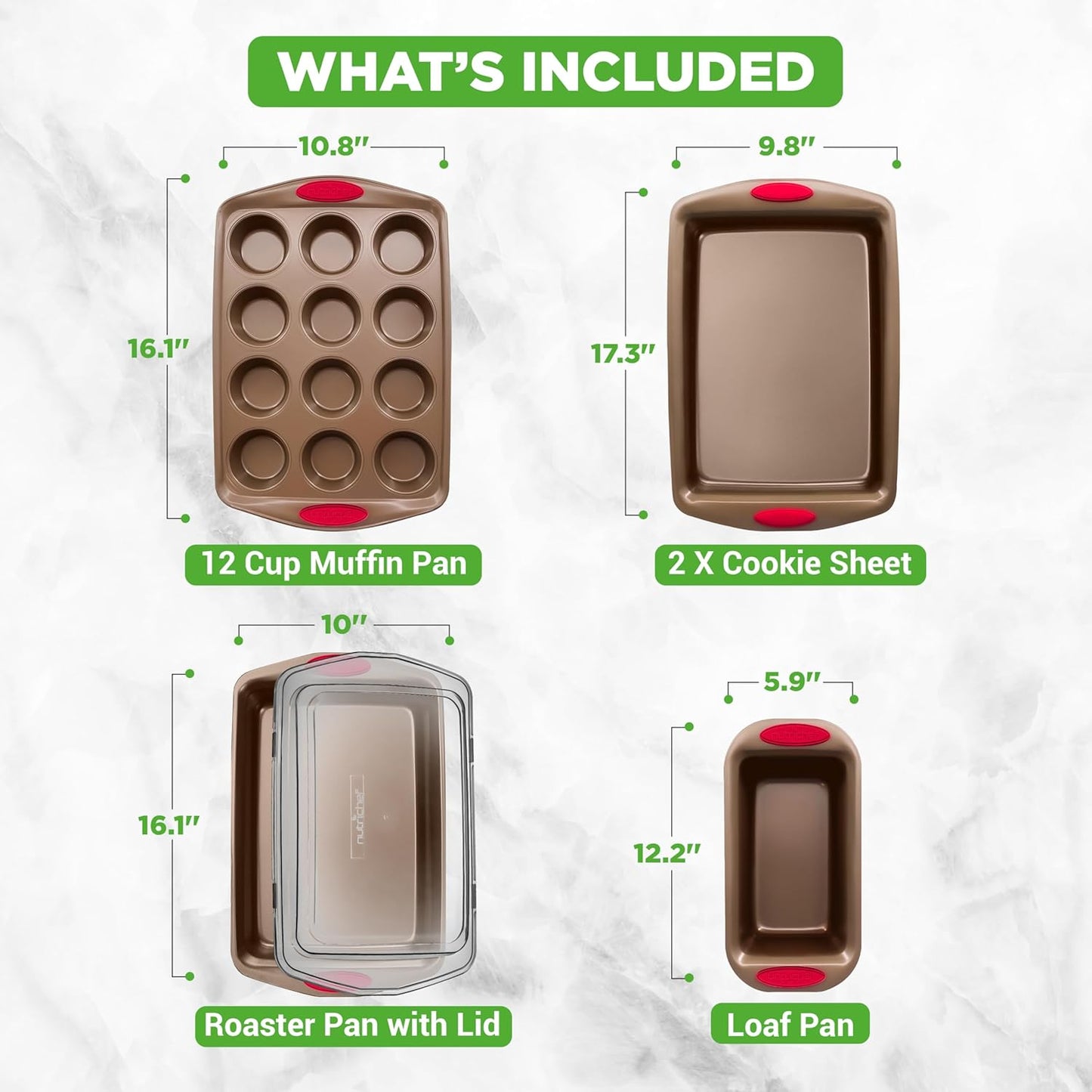 NutriChef 6-Piece Baking Pan Set - PFOA, PFOS, PTFE Free Flexible Nonstick Golden Coating Carbon Steel Bakeware - Professional Home Kitchen Bake Cookie Sheet Stackable Tray w/Red Silicone Handles