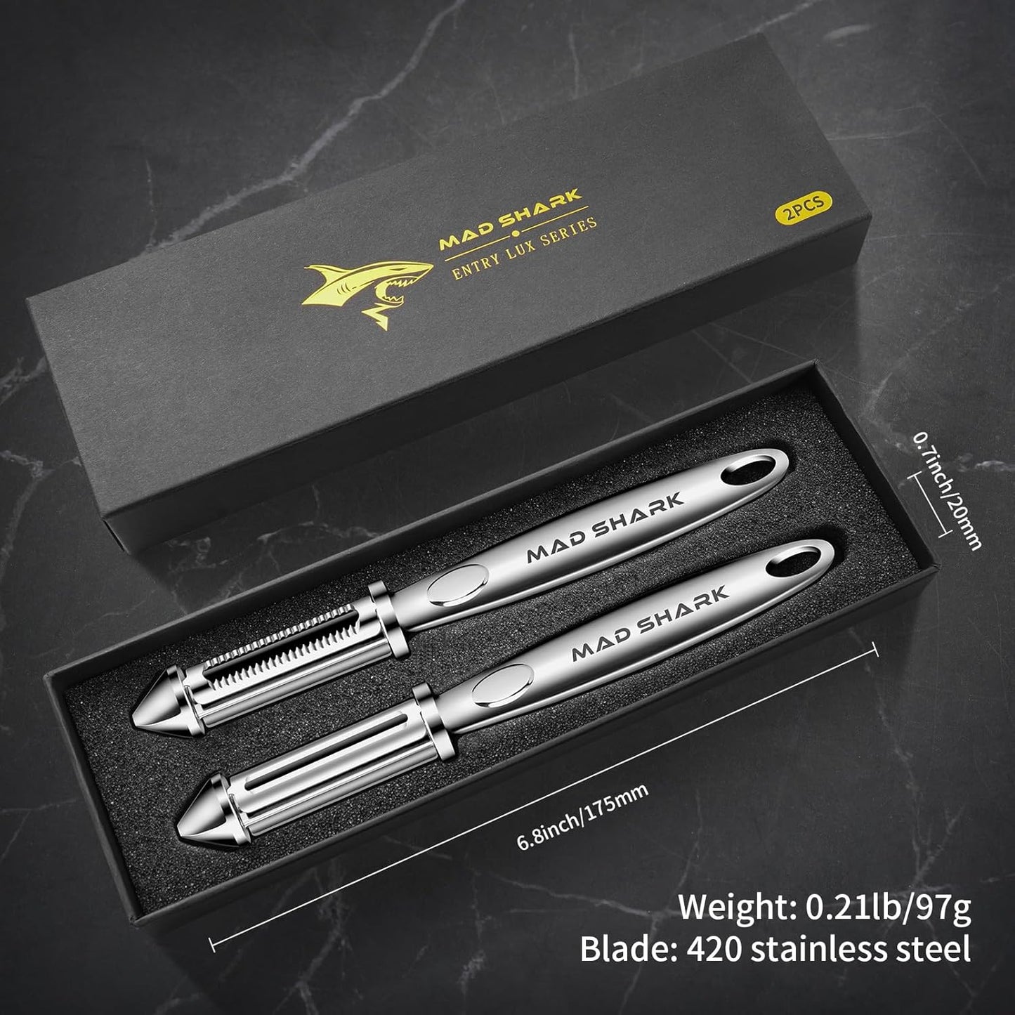 MAD SHARK Ultra Sharp Peeler,Flat/Serrated Blade 2 in 1–10 Years No-Rust,I-Shaped Stainless Steel Peelers,Vegetable Peeler with Ergonomic Non-Slip Handle,Potato Peelers for Kitchen 2pc