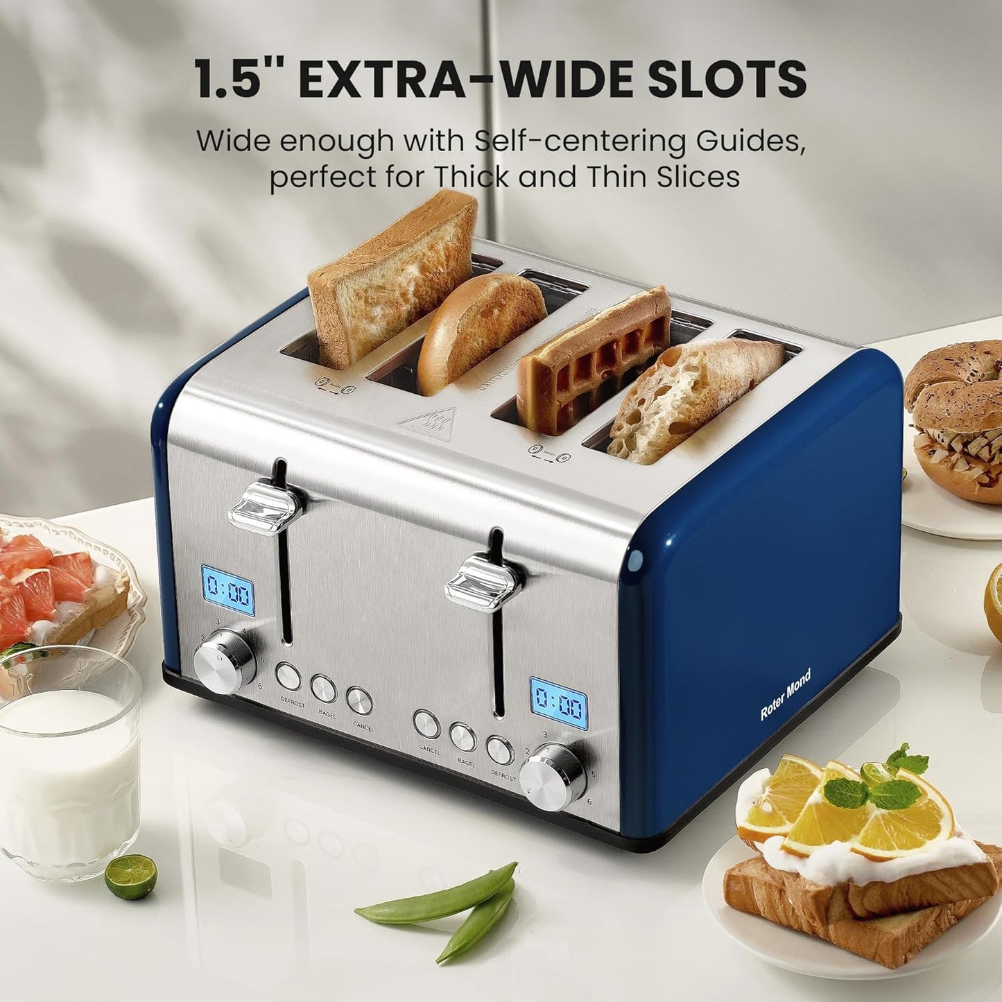 Countdown Stainless Steel 4 Slice Toaster with Bagel, Defrost, Cancel Function, Dual Toaster, Extra Wide Slots, 6 Shade Settings, Removable Crumb Trays, 1650W, Blue