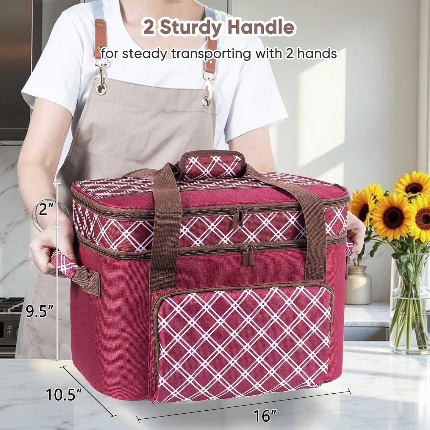 Double Layer Slow Cooker Carrier Bag – Fits 6–8 Qt Oval Slow Cooker Compatible with CrockPot & Hamilton Beach | Insulated Travel Tote with Utensil Storage & Adjustable Straps