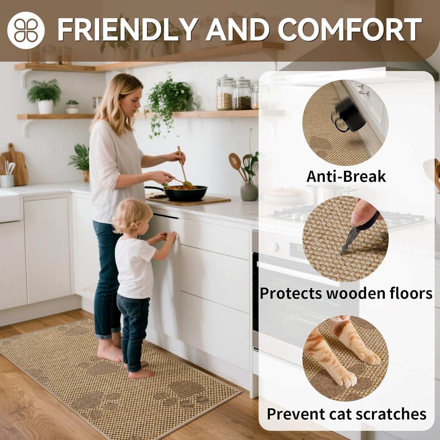 Kitchen Mats for Floor, Super Absorbent Kitchen Rugs Non Slip Washable, Rubber Backing Soft Woven Linen Embroidery Runner Rug, Standing Mat Kitchen Sink Mat, Easy to Clean, Brown 17x30