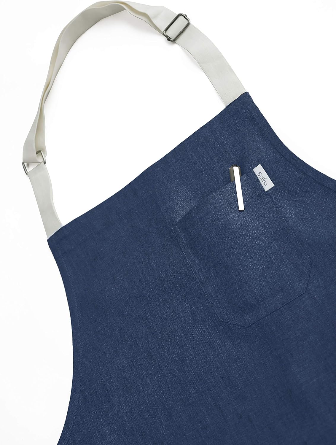 Solino Home Linen Kitchen Apron for Men & Women - 100% Pure Linen Indigo/Ivory Bib Apron with Front Pockets - Handcrafted from European Flax