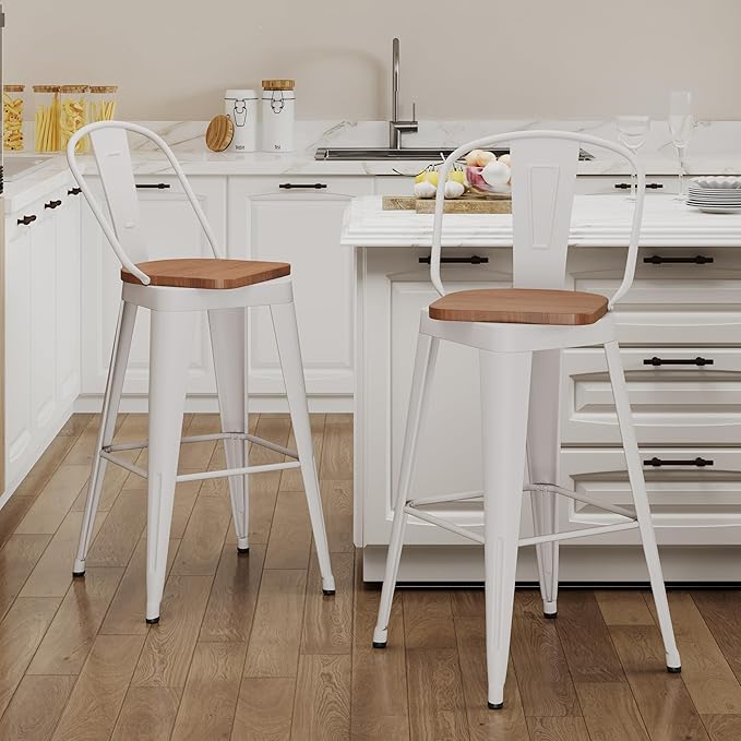 Aklaus Swivel Metal Bar Stools 30 inch Swivel Bar Height Barstools Set of 2 Modern Farmhouse Bar Chairs with High Backs and Large Wooden Seat for Kitchen Island Dining Room Cream White