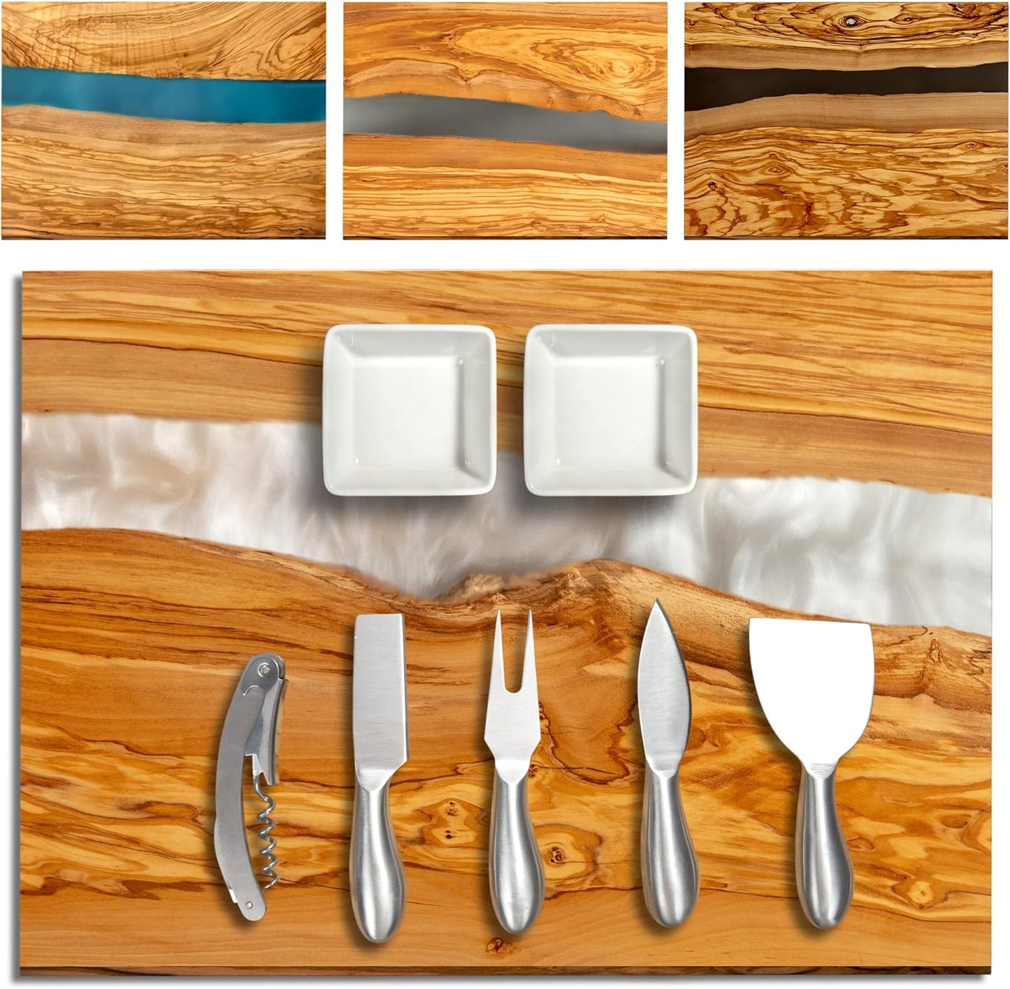Handcrafted Italian Olive Wood Cheese & Charcuterie Board Set with Unique White Pearl Resin Artwork - Cutting Board Comes with 4 Cheese Knives, 2 Dipping Bowls & Corkscrew Wine Opener (White Pearl)