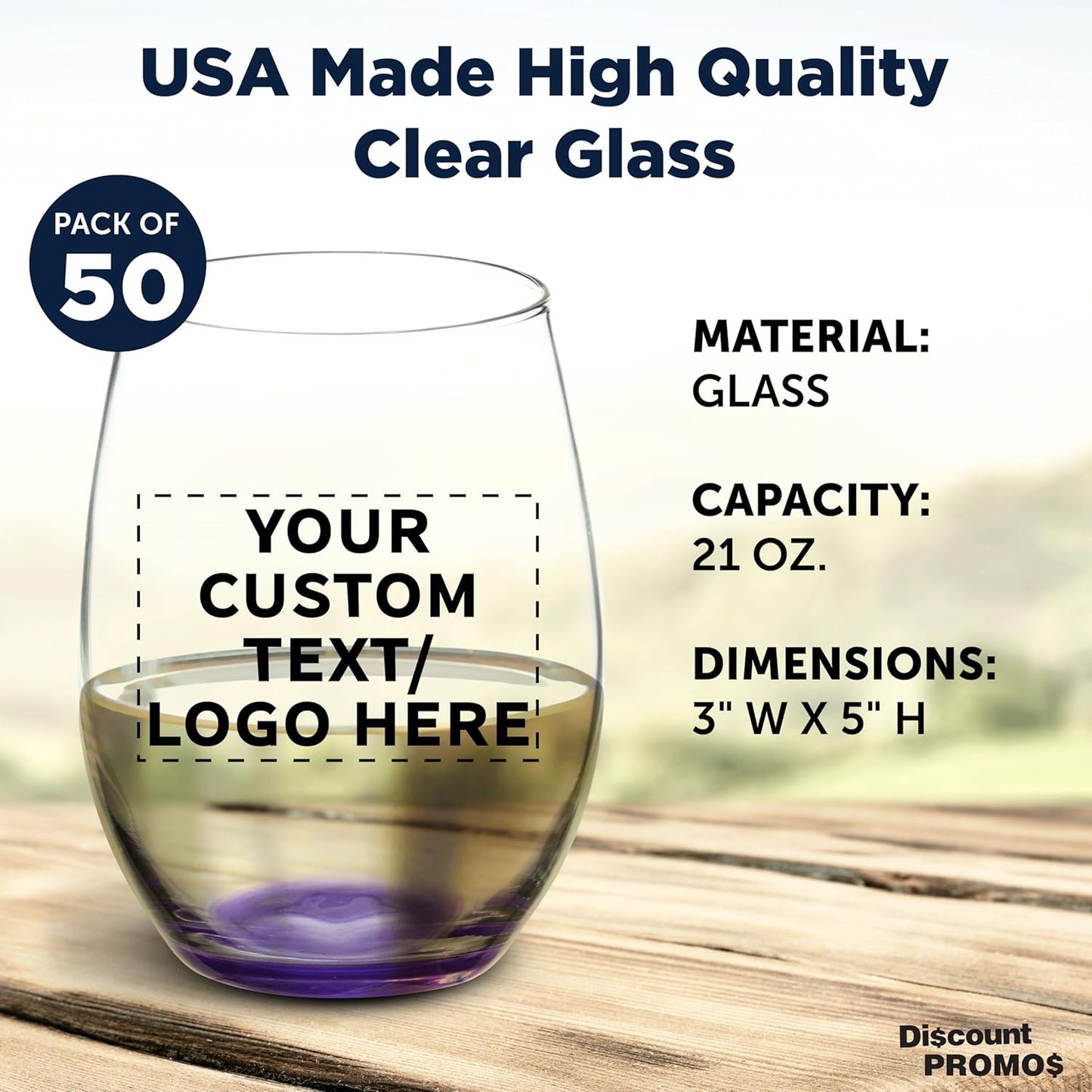 DISCOUNT PROMOS 50 ARC Stemless Wine Glasses Set, 21 oz. - Customizable Text, Logo - Chardonnay, Cabernet, Merlot, Sauvignon - Purple