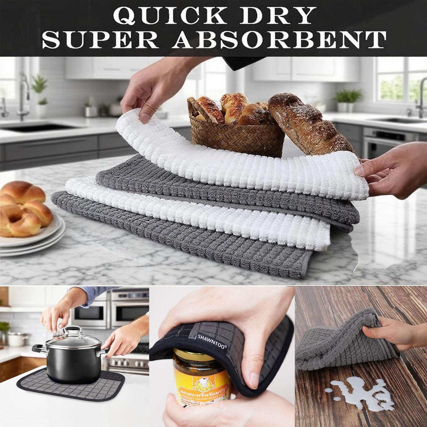 Oven Mitts and Pot Holders Sets 6pcs, Kitchen Oven Glove,High Heat Resistant 550 Degree Extra Long Oven Mitts and Potholders with Non-Slip Silicone Surface for Home Essentials (Grey) (Charcoal Grey)