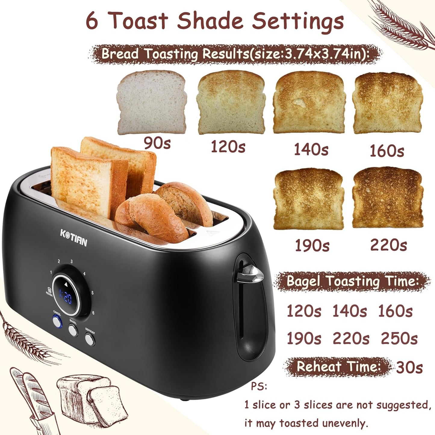 Toaster 4 Slice,KOTIAN Retro Long Slot Toasters with Countdown Timer,Stainless Steel Toaster,Bagel,Defrost,Reheat,Cancel Functions,Extra Wide Slots,6 Toast Settings,Removable Crumbs Tray,Matte black
