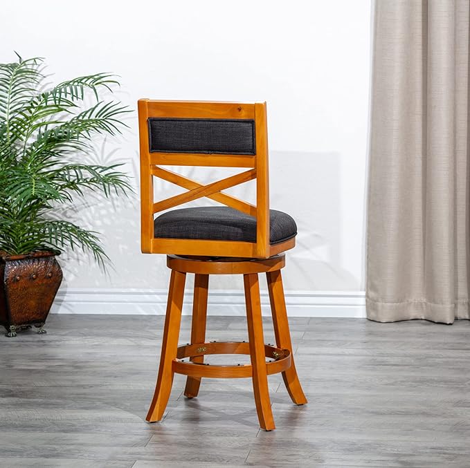DTY Indoor Living Meeker 24 Inch Counter Height Bar Stools with Backs - Wooden Swivel Counter Stools for Kitchen Island - Charcoal Fabric Seat, Solid Wood Frame, Natural Finish
