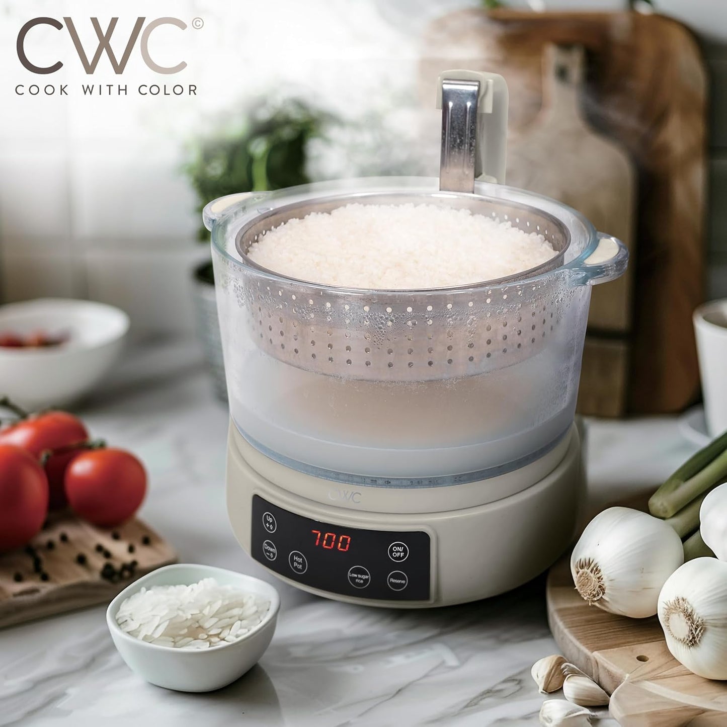 COOK WITH COLOR 3L Glass Low Carb Rice Cooker - Makes 6 Cups Low Sugar Rice with Auto Lift Filter Basket, Hotpot & Steamer for Rice, Grains and Oats, Digital Panel with Keep Warm Function, Sand