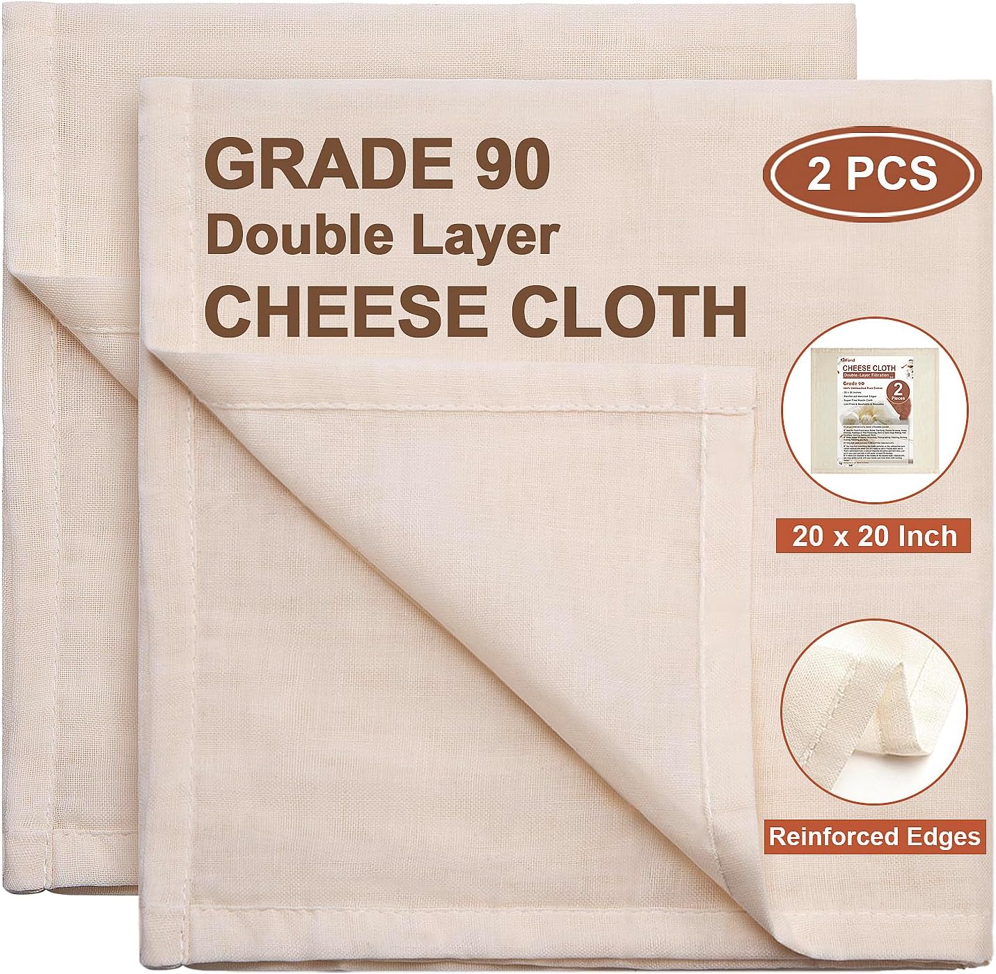 eFond Cheese Cloths | 2-Pack Double Layers, 20x20Inch Squares with Hemmed Edges | Grade 90 Reusable Cheesecloth for Straining | Unbleached Cotton Muslin Cloths | For Nut Milk, Butter, Baking & Cooking