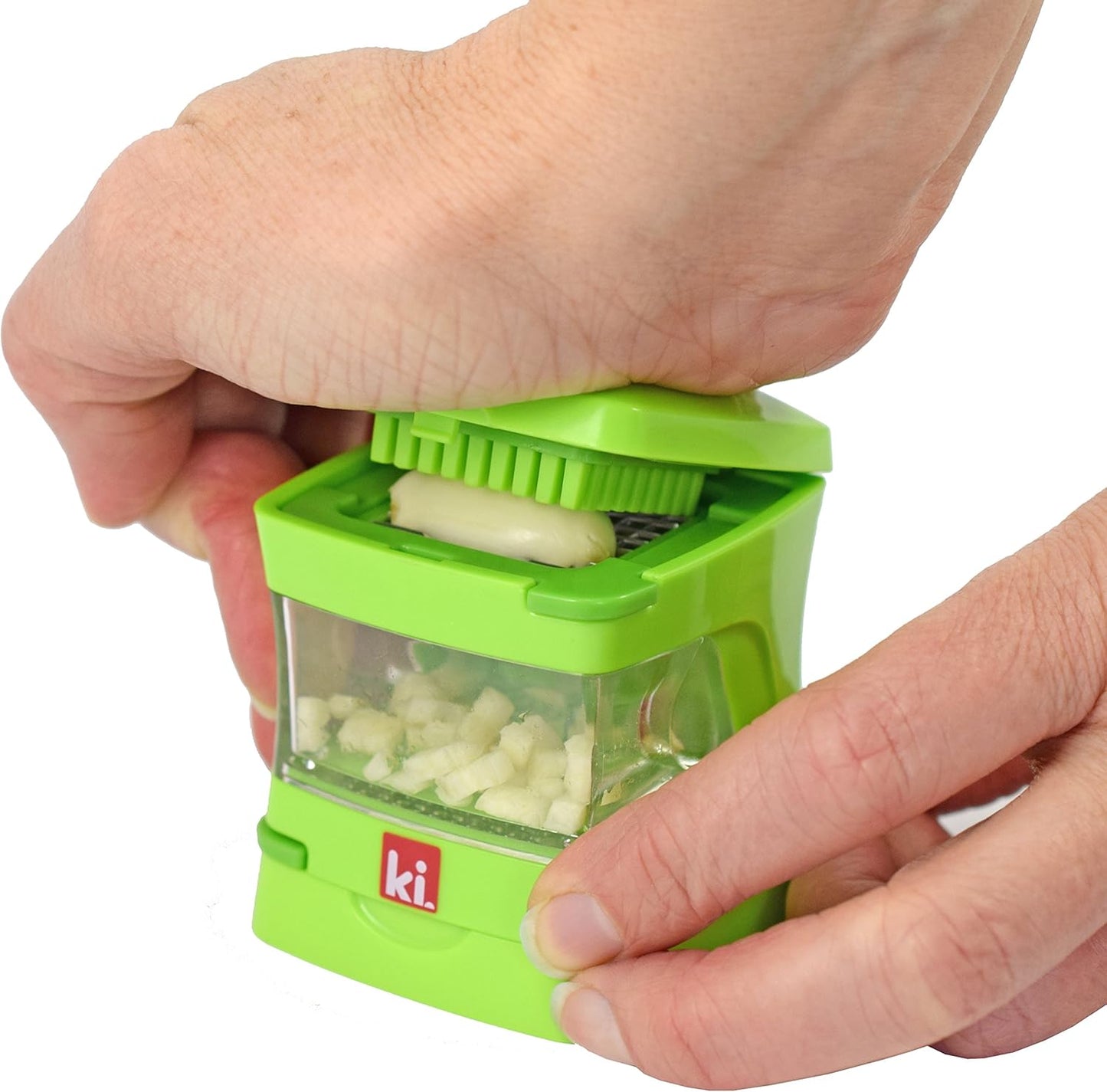 Garlic-A-Peel Garlic Press, Crusher, Cutter, Mincer, and Storage Container - Includes Silicone Garlic Peeler - Easy to Clean - Stainless Steel Blades – (Green), standard