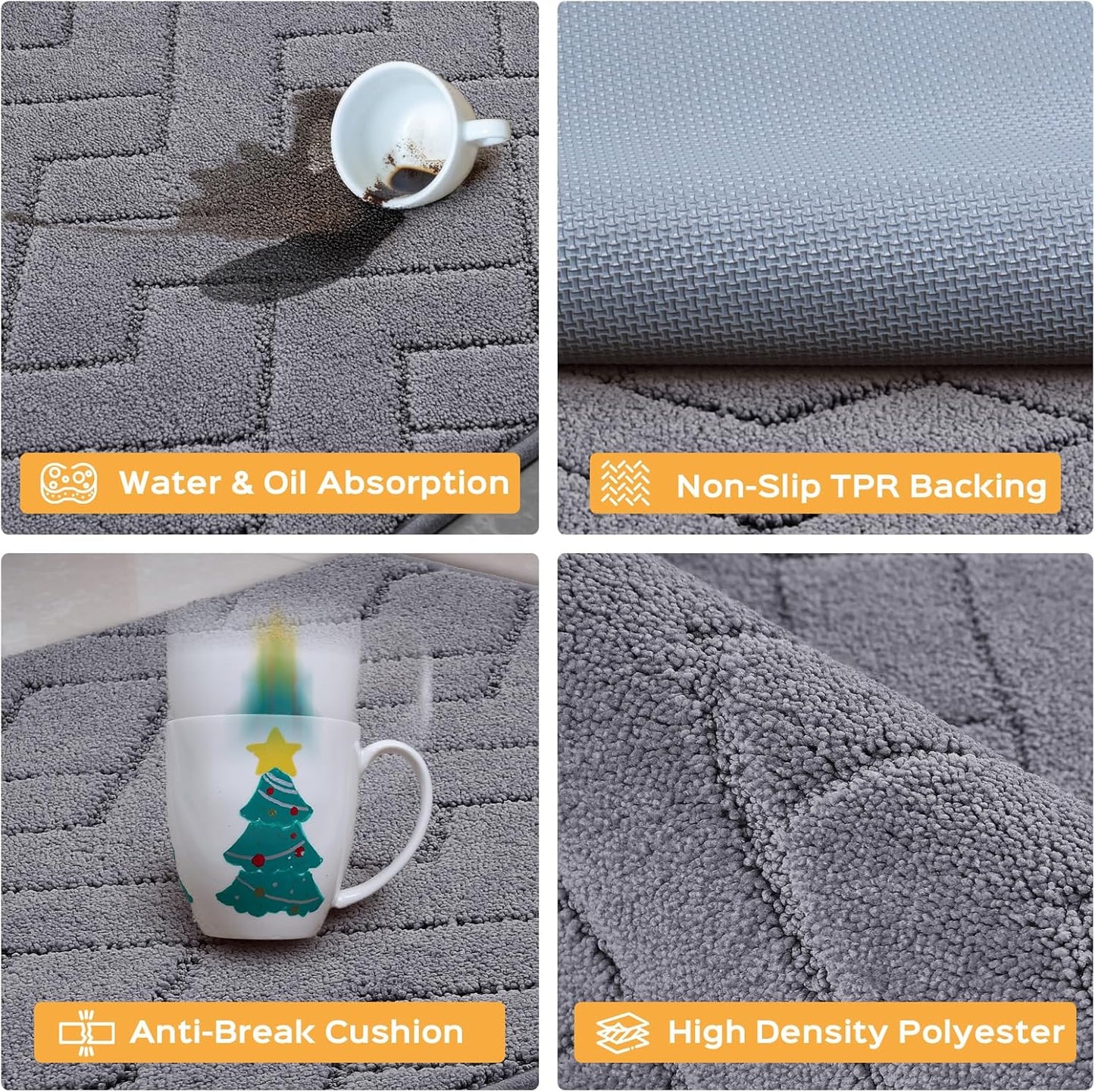 Machine Washable Kitchen Rugs 24" x 84", Non-Slip Kitchen Runner Rugs Mats for Floor, Absorbent Comfort Standing Mats for Kitchen, Sink, Laundry and Hallway, Rolled Packaging, Grey