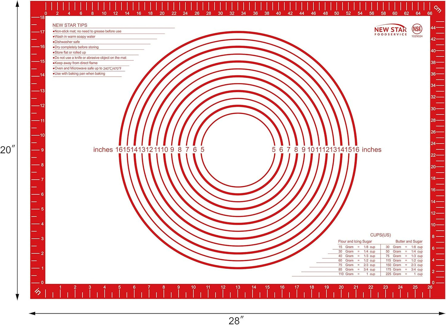 New Star 1029024 Non-Slip Silicone Pastry Mat, Extra Large with Measurements, 20x28'', NSF International Certified