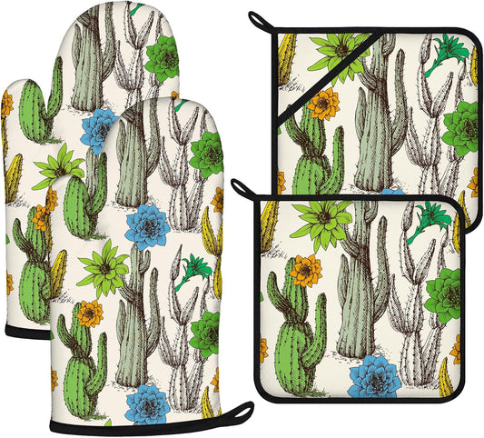 Cactus Flower Oven Mitts and Pot Holders Sets 4Pcs,Extra Long Oven Gloves Potholder for Kitchen Cooking Baking BBQ 100% Cotton Heat Resistant