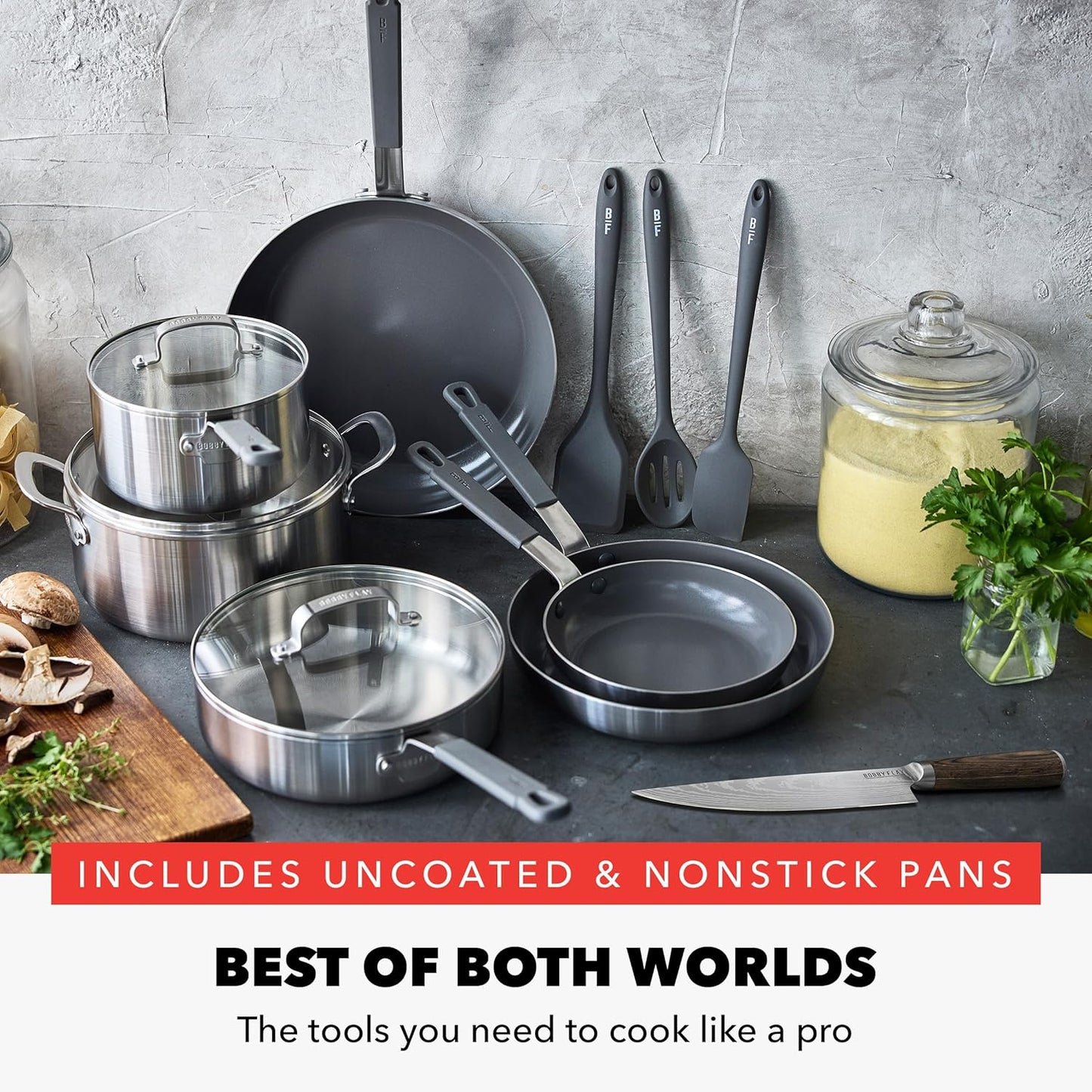 GreenPan x Bobby Flay Stainless Steel 12 Piece Cookware Pots and Pans Set and 8" Chef's Knife, Professional Grade Tri Ply, PFAS-Free Ceramic Nonstick, Induction Suitable, Dishwasher & Oven Safe