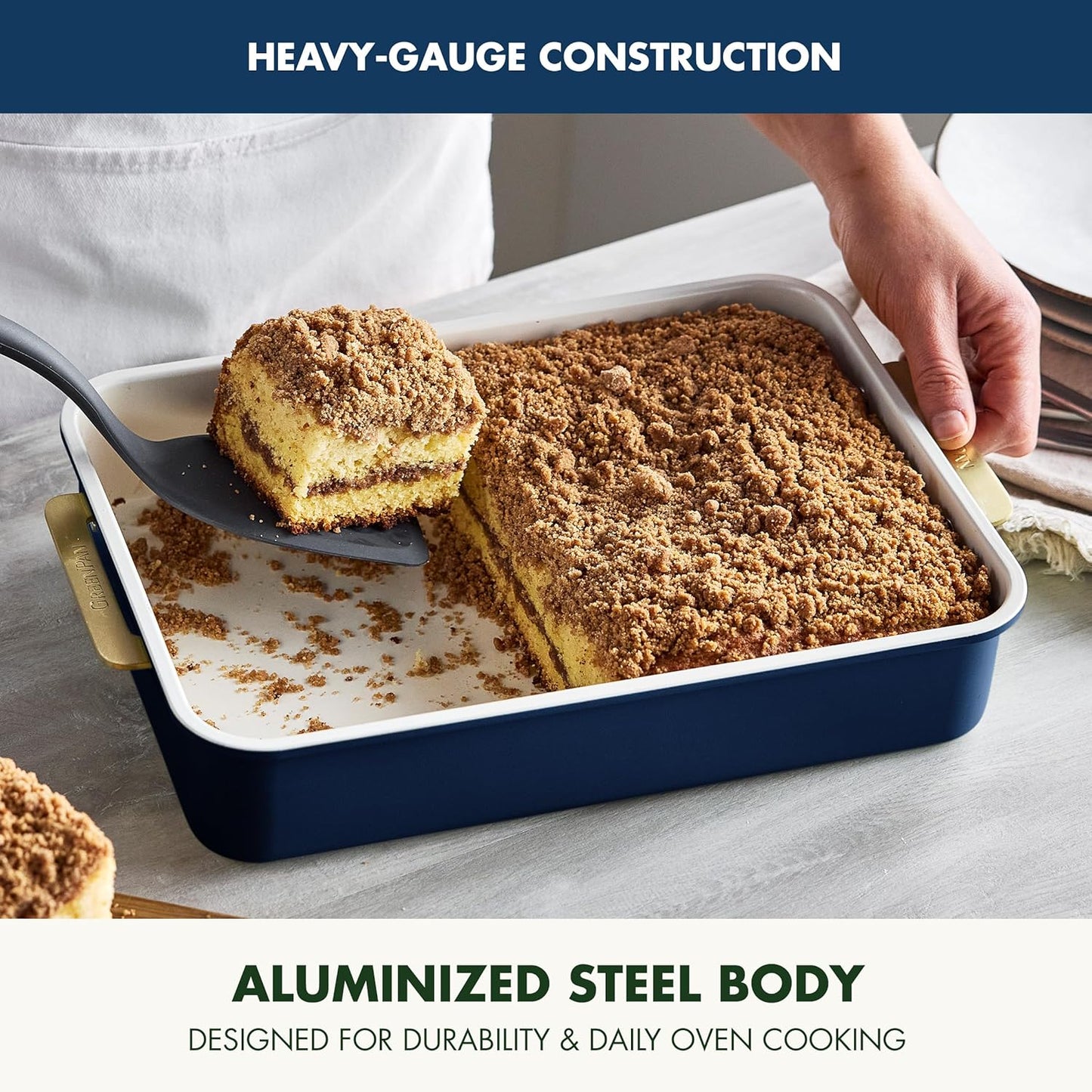 GreenPan Bakeware Rectangular Cake Pan, Ceramic Nonstick Baking Pan, PFAS & BPA Free, Gold Handles, Durable Steel, Freezer to Oven Dish, Scratch Resistant, Bake & Roast Ovenware, Oxford Blue