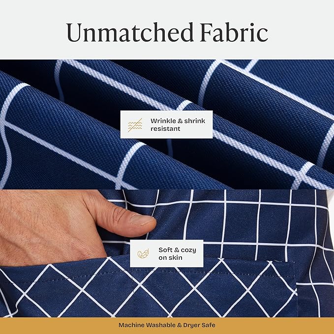 Will Well Kitchen Apron for Men and Women - 33" x 27" Oil-and-Water-Resistant with Adjustable Neck Strap and 38" Waist Ties for a Snug Fit, Lightweight with 2 Front Pockets - 1-Pack, Navy Checkered