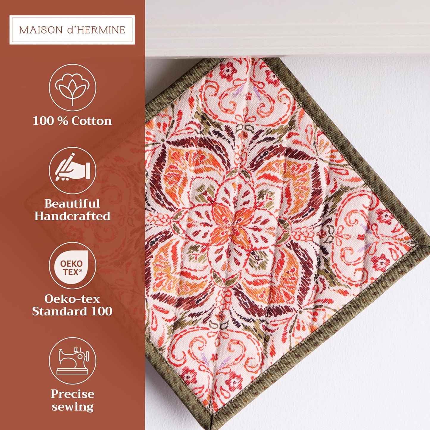 Maison d' Hermine Pot Holders 100% Cotton Heat Resistant Potholders 8" x 8" Hot Pads with Loop BBQ, Cooking, Baking, Grilling, Kitchen, Handling Hot Pans (Pack of 1, Damask)
