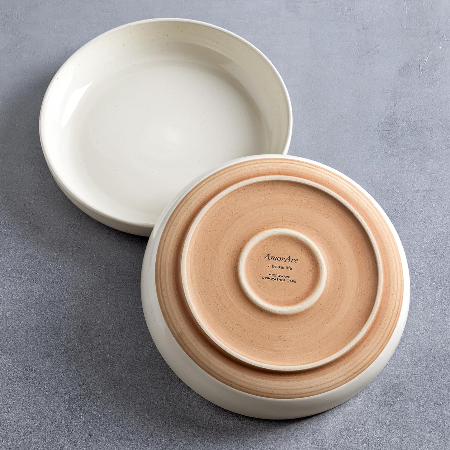 AmorArc 8.75'' Large Ceramic Pasta Bowls, 36oz Handpainted Stoneware Bowls Set of 4, Microwave&Dishwasher Safe Bowls with Wavy Rim&Rustic Terracotta Underside for Pasta Salad, Light Beige