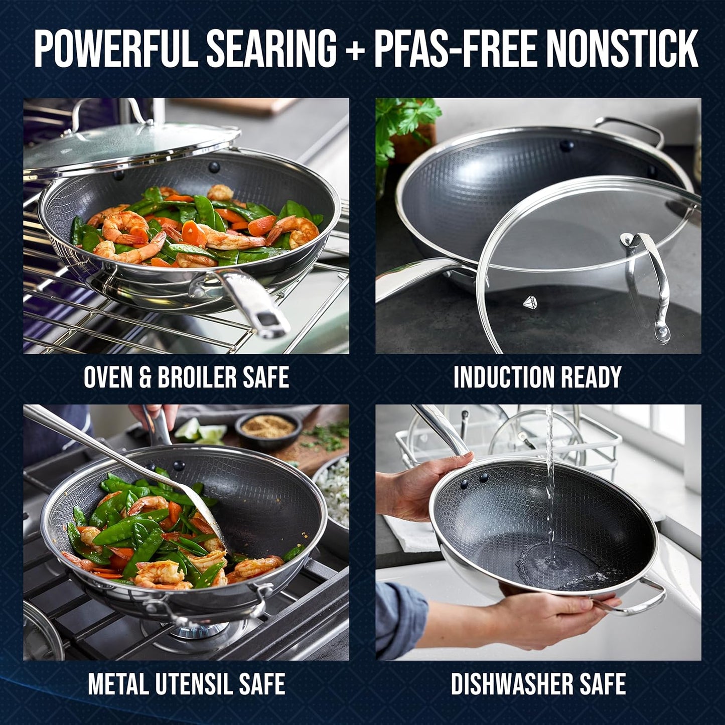 Blue Diamond Hybrid Nonstick Stainless Steel 12” Wok with Lid, PFAS-Free Ceramic Diamond Bond Stir-Fry Pan, Induction Ready, Dishwasher & Oven Safe, Metal Utensil Safe, Stay-Cool Handle, Silver