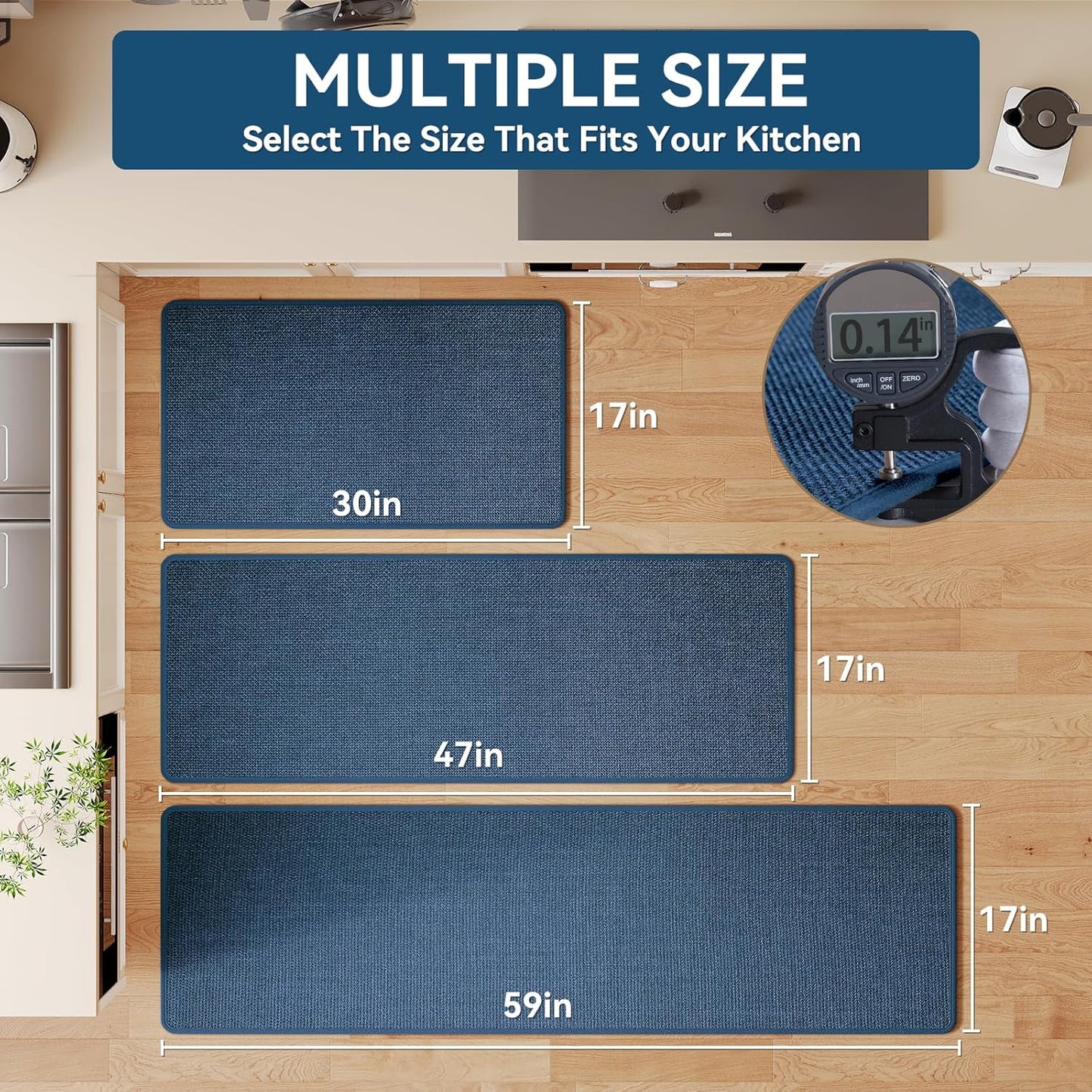 Kitchen Mats for Floor, Super Absorbent Kitchen Rugs Non Slip Washable, Soft Imitation Linen Braided Kitchen Runner Rug, Standing Mat Kitchens Sink Mat, Easy to Clean, Blue 17x30