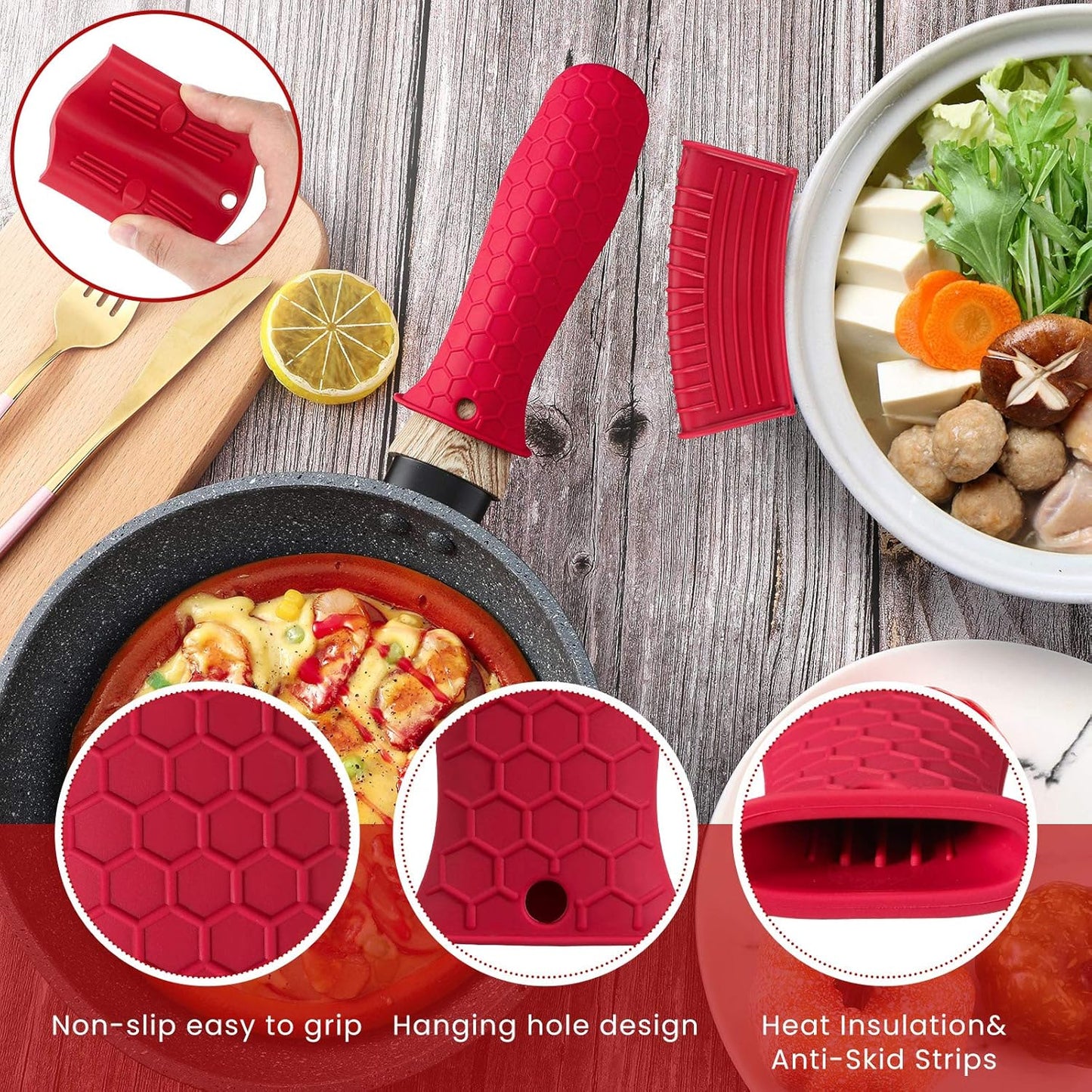 Patelai 8 Pcs Silicone Pot Holders Set Cast Iron Handle Cover Heat Resistant Pot Handle Covers Potholder Non Slip Reusable Pan Sleeve for Frying Pan Kitchen Supplies(Red)