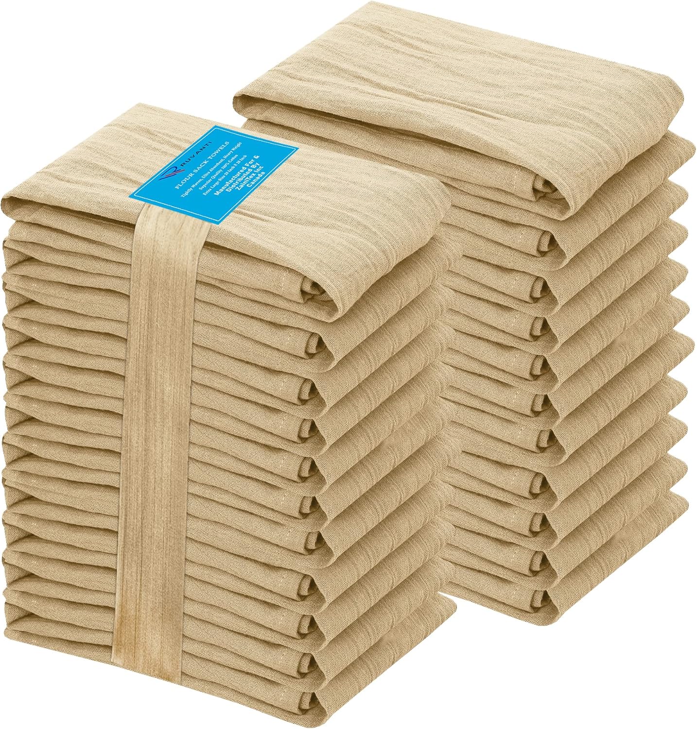 RUVANTI Flour Sack Towels 24 Pack 28x28 Inch, 100% Cotton Tea Towel, Reusable, Machine Washable, Absorbent BarTowels - Dish Cloth Perfect for Drying Dishes & Cleaning - Camel
