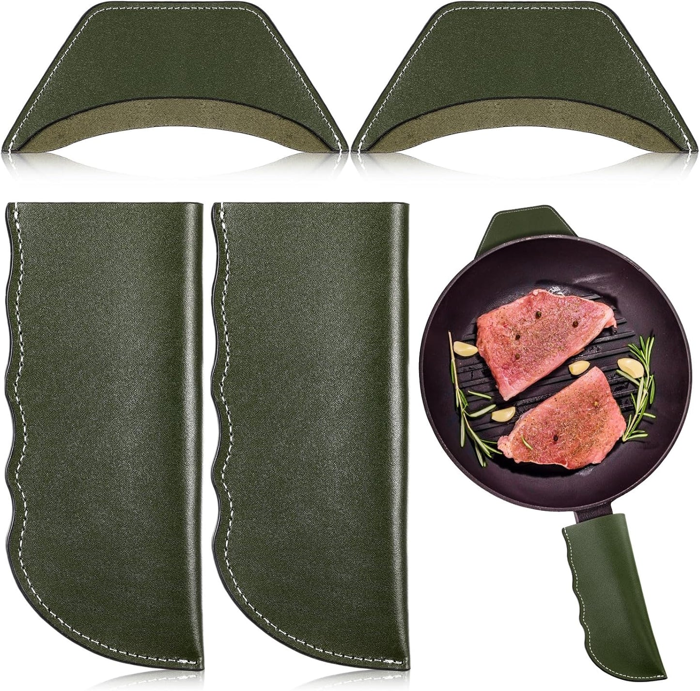 Baderke 4 Pcs Leather Cast Iron Handle Cover Handmade Leather Heat Resistant Skillet Handle Set Pot Holder for Hot Frying Pans, Pots(Army Green)