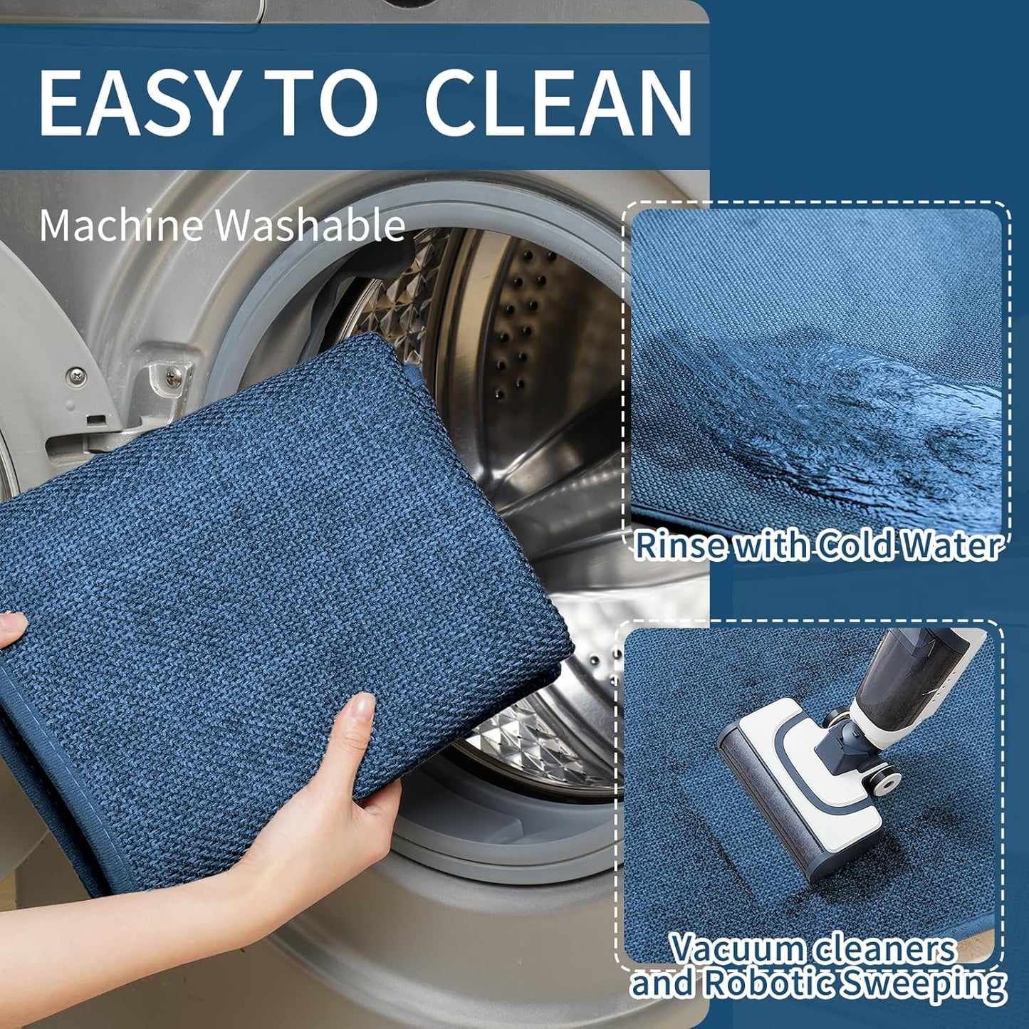 Kitchen Mats for Floor, Super Absorbent Kitchen Rugs Non Slip Washable, Soft Imitation Linen Braided Kitchen Runner Rug, Standing Mat Sink Mat, Easy to Clean, Blue 17x47