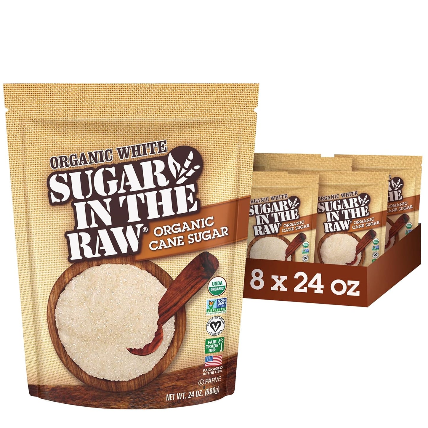 Sugar In The Raw Organic Granulated White Premium Cane Sugar, No Erythritol, Pure Natural Sweetener, Hot & Cold Drinks, Coffee, Baking, Vegan, Gluten-Free, Non-GMO, Bulk Sugar, 24 oz Bag (8-Pack)