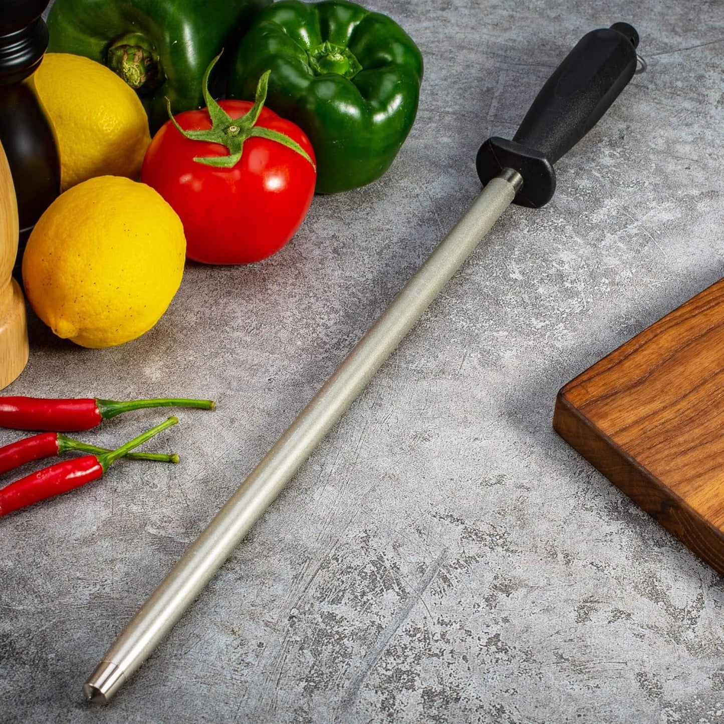 Premium Diamond Finished Black Carbon Steel Knife Sharpening Rod, 12 Inch