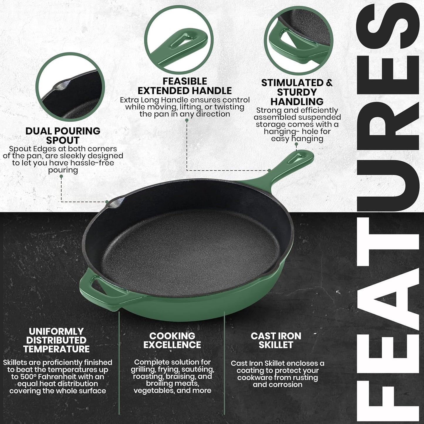 Utopia Kitchen Cast Iron Frying Pan 10.25 Inch, Cast Iron Chefs Pan, Pre Seasoned Skillet, Safe Grill Cookware for Indoor & Outdoor Use, Green