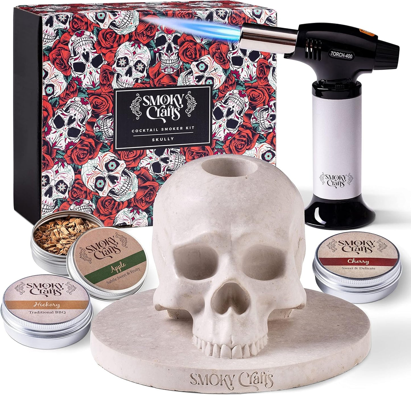 Whiskey Smoker Kit with Torch - Old Fashioned Smoker Kit comes with Skull-Shaped Smoke Infuser, Culinary Torch and Wood Chips (Apple, Cherry, Hickory) - Gifts for Men (Without Butane)