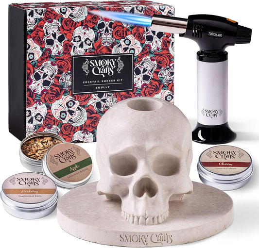 Whiskey Smoker Kit with Torch - Old Fashioned Smoker Kit comes with Skull-Shaped Smoke Infuser, Culinary Torch and Wood Chips (Apple, Cherry, Hickory) - Gifts for Men (Without Butane)