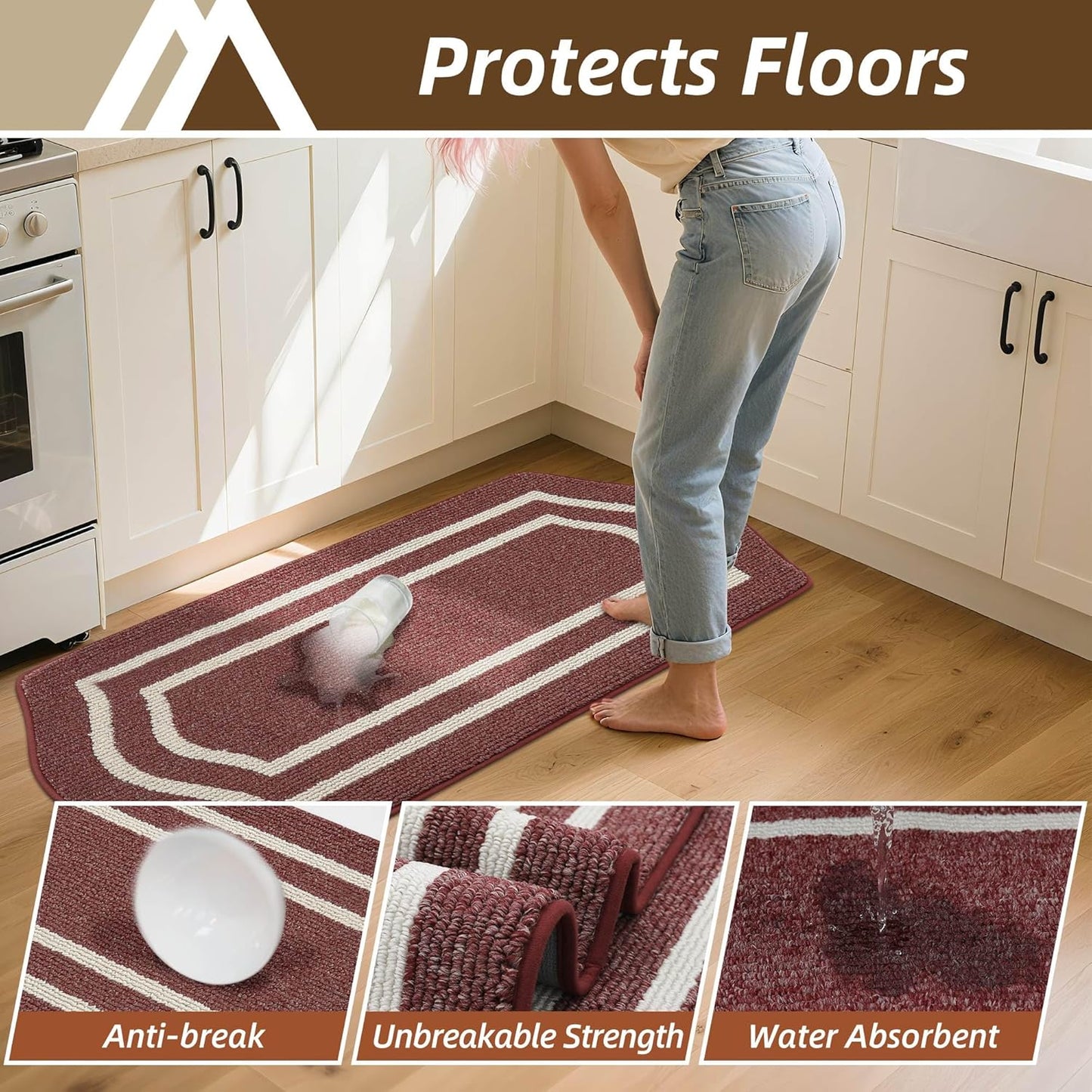 COSY HOMEER Long Kitchen Floor Mats for in Front of Sink Super Absorbent Kitchen Rugs and Mats 24"x59" Non-Skid Kitchen Mat Standing Mat Washable,Polypropylene,Red,Frame