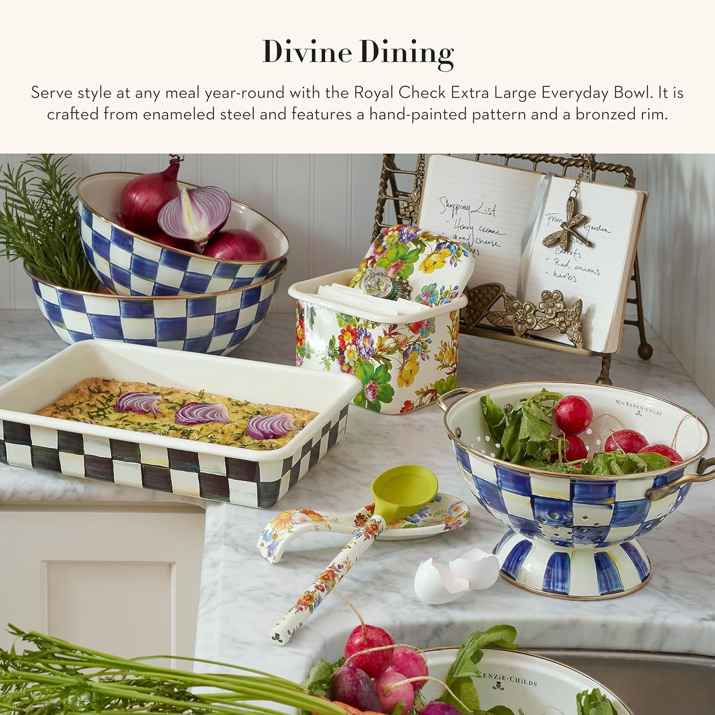 MACKENZIE-CHILDS Enamel Everyday Bowl, Serving Bowl for Entertaining, Extra-Large, Blue-and-White Royal Check, Set of 1