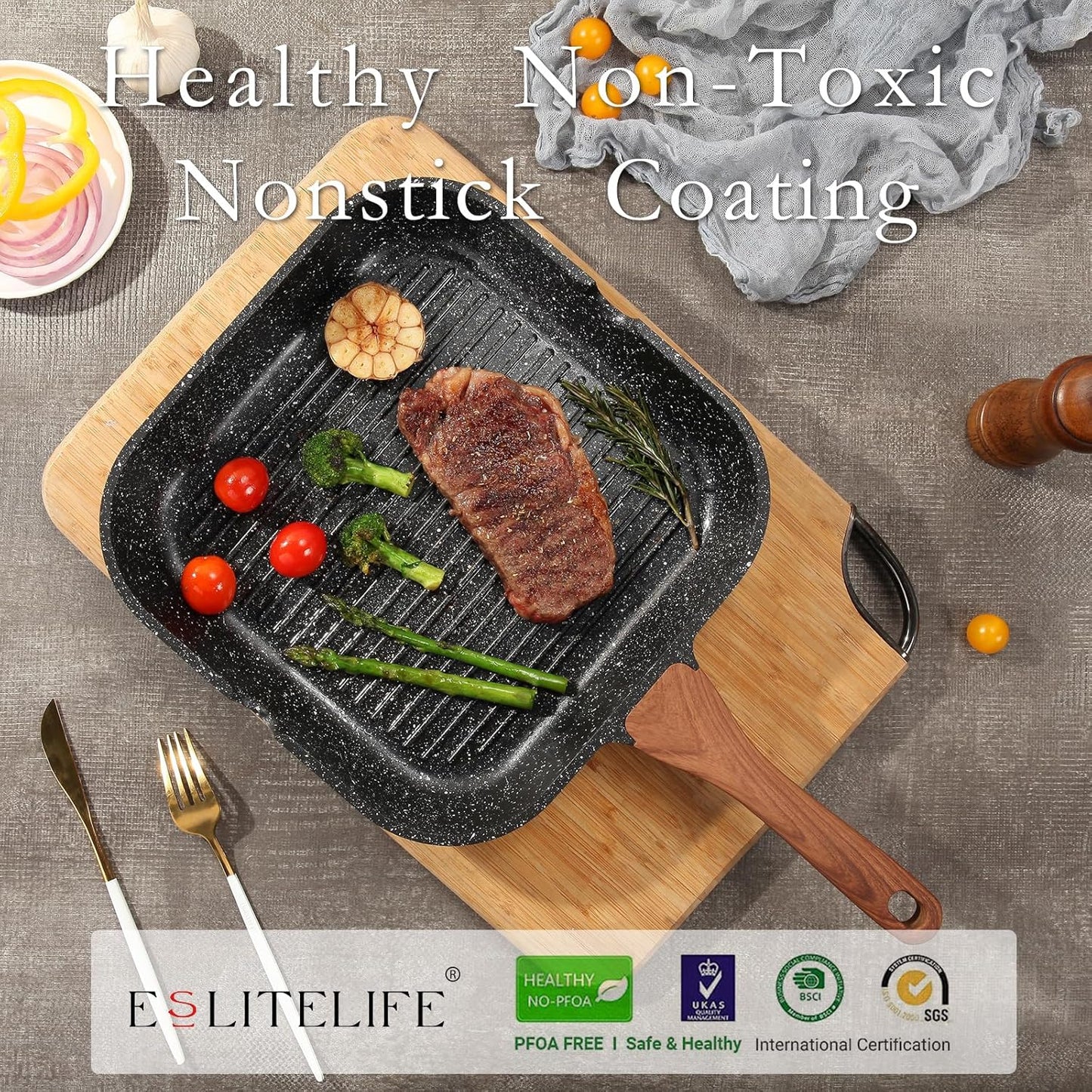 ESLITE LIFE 9.5 Inch Nonstick Grill Pan with Lid for Indoor Cooking, Versatile Induction Square Large Grilling Skillet Steak Pan for Stove Tops, PTFE & PFOA Free, Black