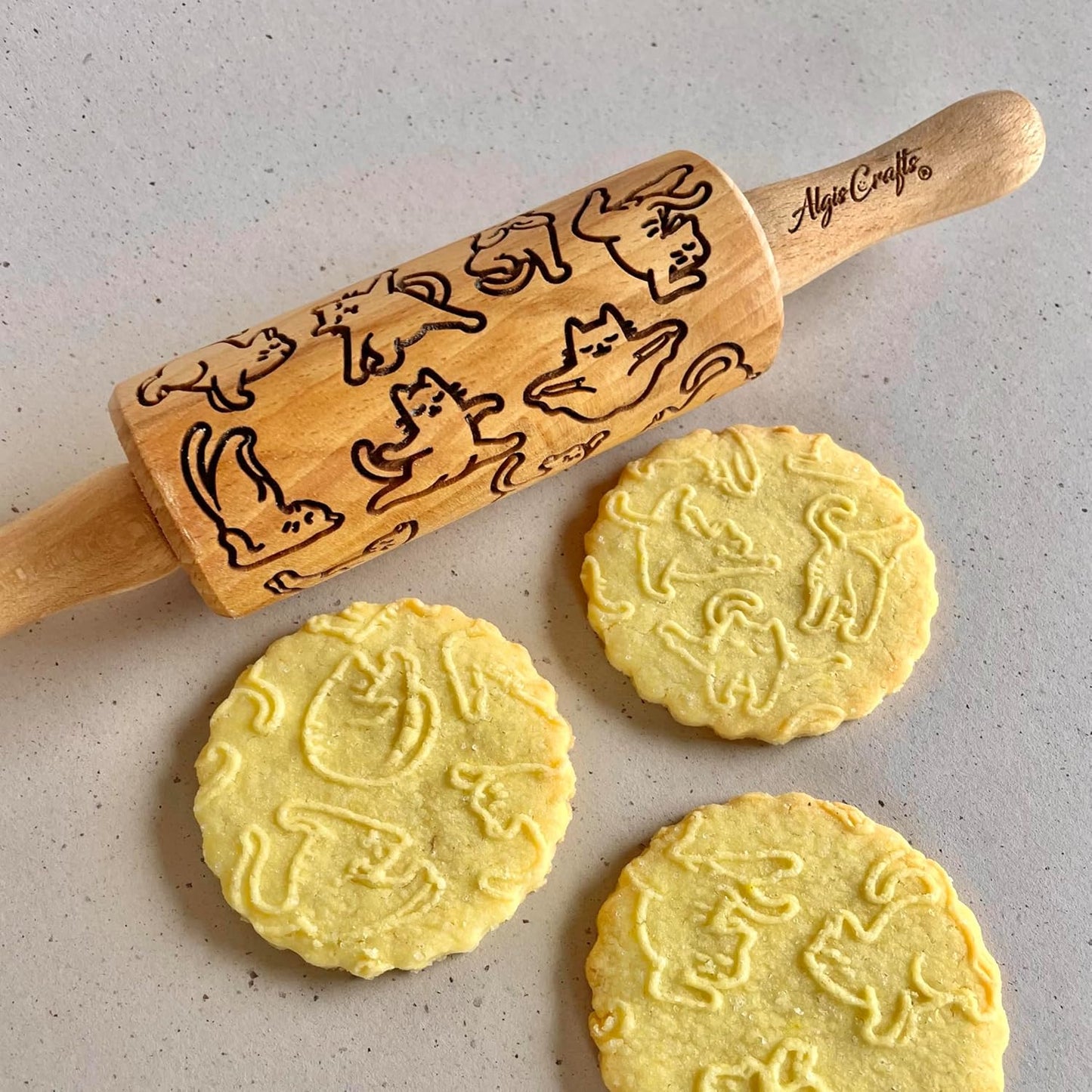 CATS 3 Mini Embossed Rolling Pin Set – Wooden Laser-Engraved Textured Rolling Pins for Cookies, Modeling Clay, Ceramics – Various Cat Patterns by Algis Crafts