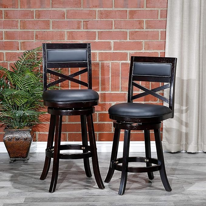 DTY Indoor Living Meeker 24 Inch Counter Height Bar Stools with Backs - Wooden Swivel Counter Stools for Kitchen Island - Black Leather Seat, Solid Wood Frame, Espresso Finish