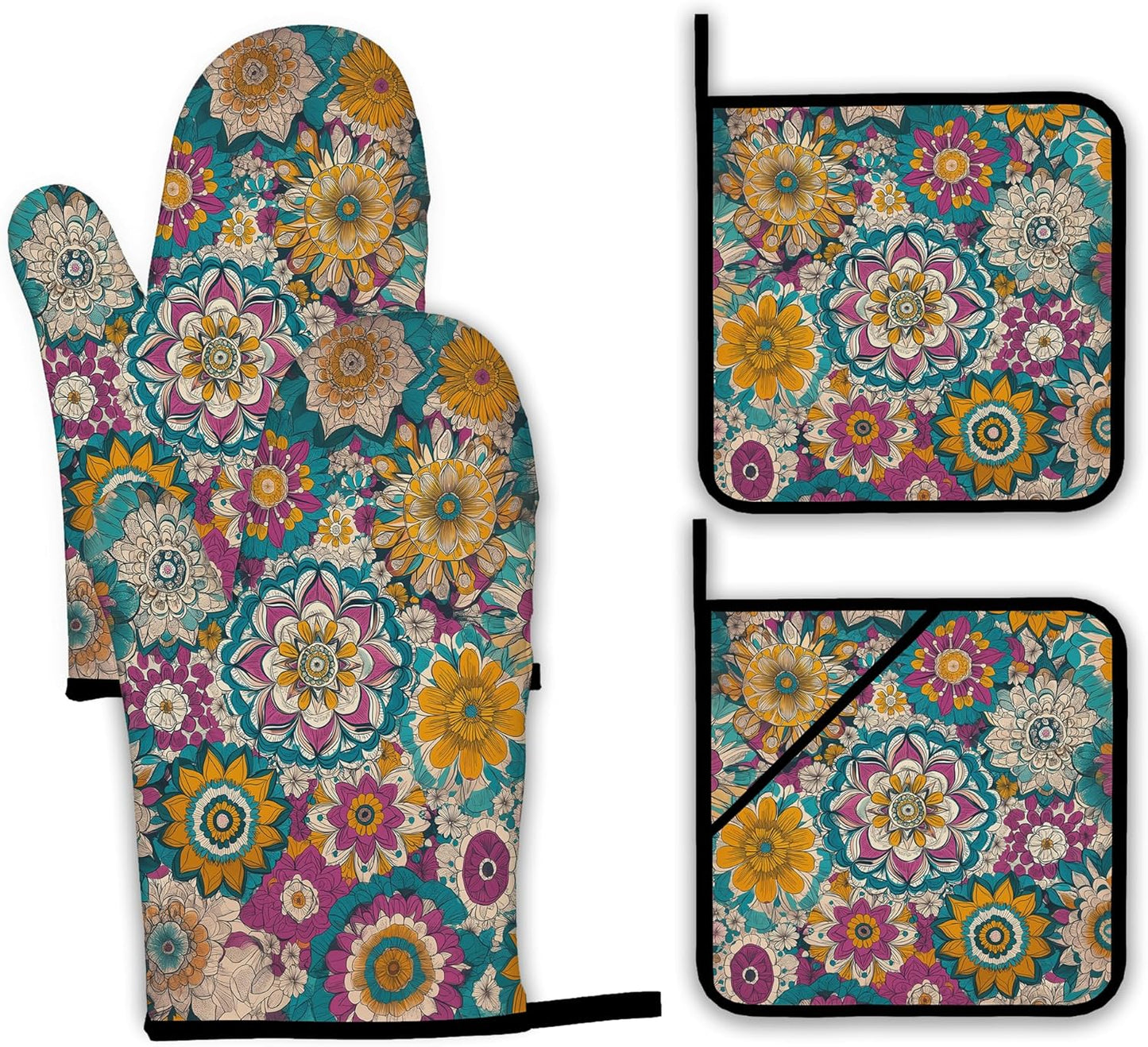Vintage Mandala Oven Mitts and Pot Holders,Floral Flower Heat Resistant Oven Mitts Gloves and Pot Holder for Home Kitchen Decorations Cooking Baking BBQ Gifts,Set of 4