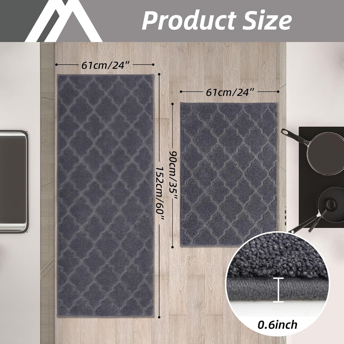 COSY HOMEER Soft Kitchen Rugs [2 PCS] for in Front of Sink Super Absorbent Kitchen Floor Mats and Mats 24x35 Inch/24X60 Non-Skid Kitchen Mat Standing Mat Washable,Polyester,Dark Grey