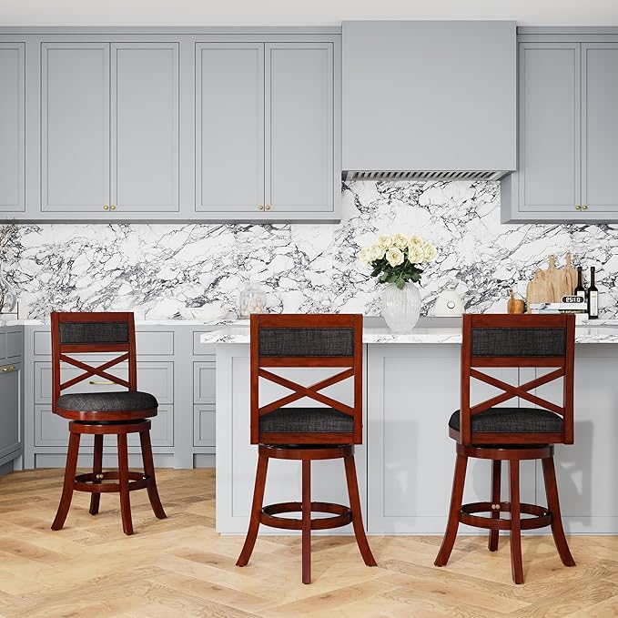 DTY Indoor Living Meeker 24 Inch Counter Height Bar Stools with Backs - Wooden Swivel Counter Stools for Kitchen Island - Charcoal Fabric Seat, Solid Wood Frame, Cherry Finish