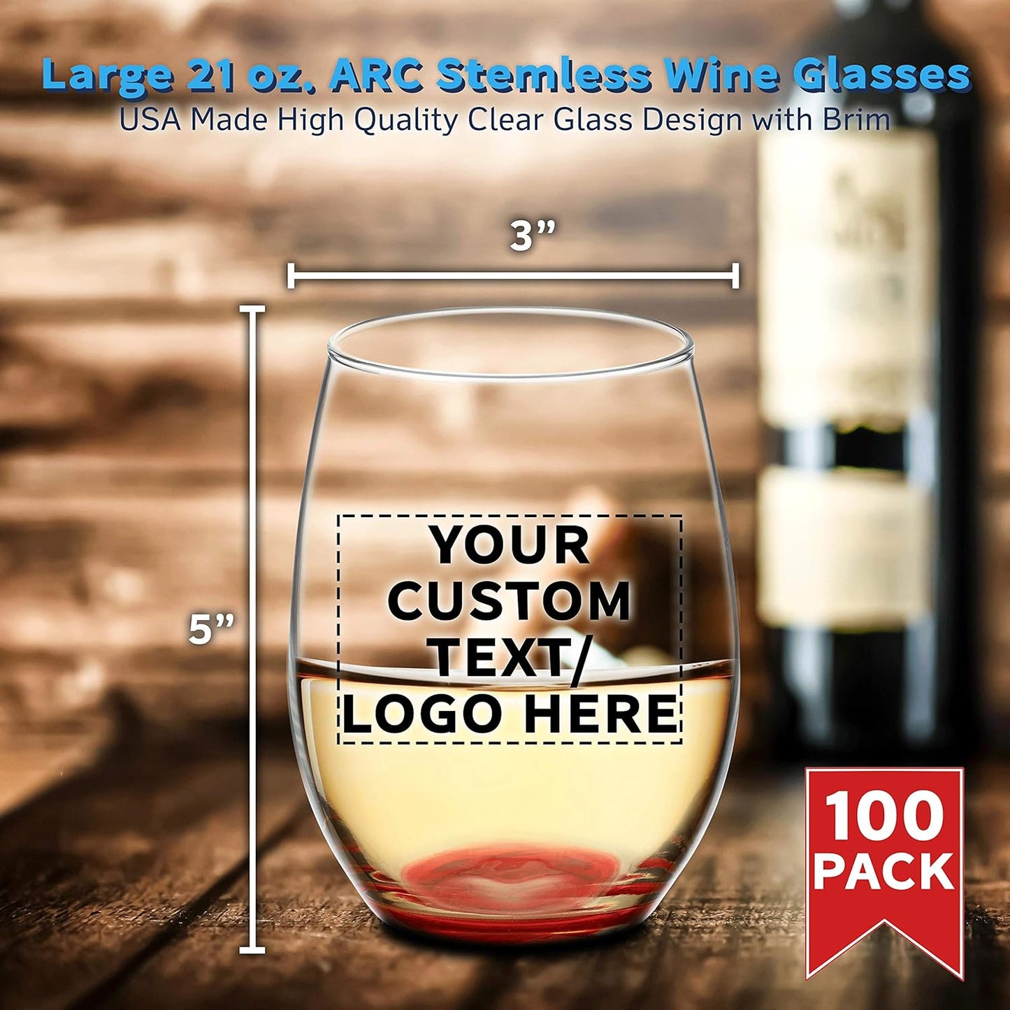 DISCOUNT PROMOS 100 ARC Stemless Wine Glasses Set, 21 oz. - Customizable Text, Logo - Chardonnay, Cabernet, Merlot, Sauvignon - Red