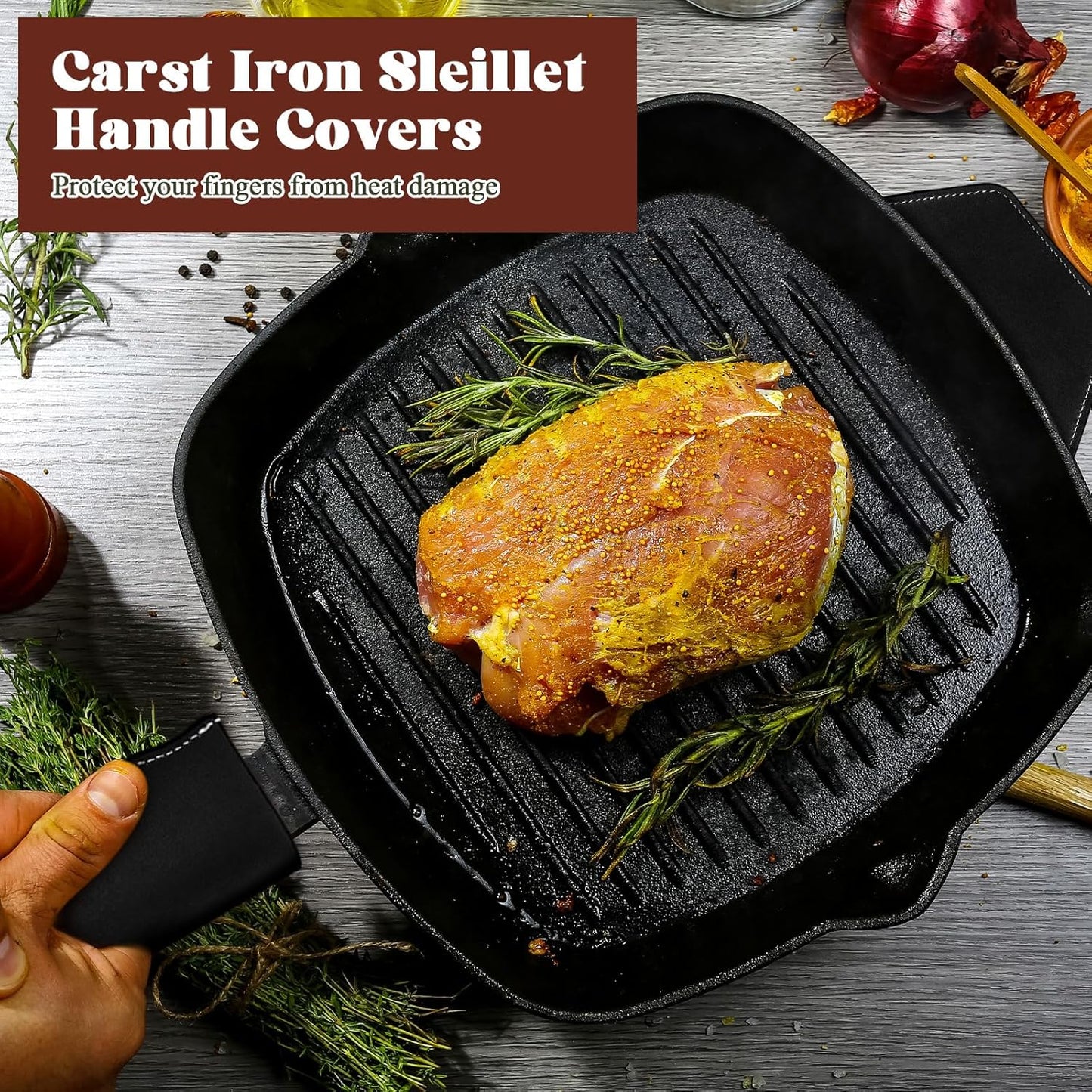 Baderke 4 Pcs Leather Cast Iron Handle Cover Handmade Leather Heat Resistant Skillet Handle Set Pot Holder for Hot Frying Pans, Pots(Black)