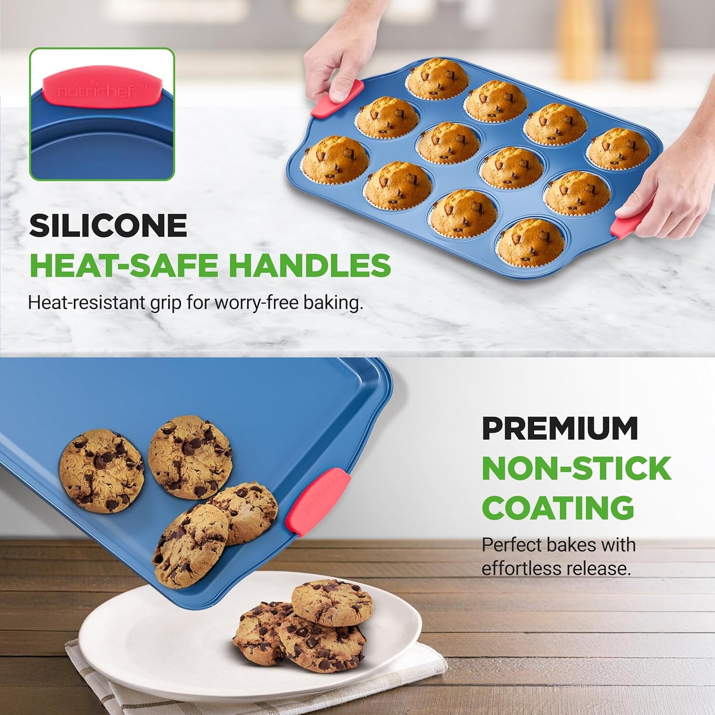 NutriChef 6-Piece Non Toxic Bakeware Set – Carbon Steel Baking Pan Includes Cookie, Muffins, Loaf, Bread, Round & Square Pans, Non-Stick, Easy Release, & Easy Clean