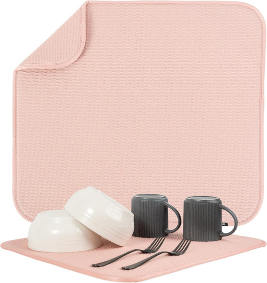 S&T INC. Dish Drying Mat, 16” x 18”, Absorbent Microfiber Kitchen Counter Mat, Drying Pad for Dishes, Utensils, Pots and Pans, Large, Diamond Texture, Pink