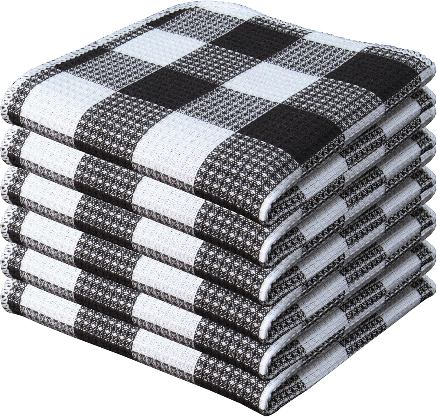 PurpleEssences Waffle Weave Plaid Dish Cloths, 100% Cotton - 12 x 12 Inches, Ultra Soft Absorbent Quick Drying Dish Towels Buffalo Check Dish Rags for Kitchen, 6 Pack - Spring Summer- Black and White