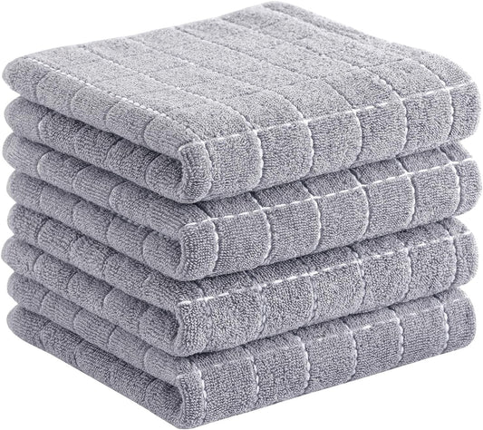 Homaxy 100% Cotton Terry Kitchen Towels(Light Grey, 13 x 28 Inches), Checkered Designed, Soft and Super Absorbent Dish Towels, 4 Pack